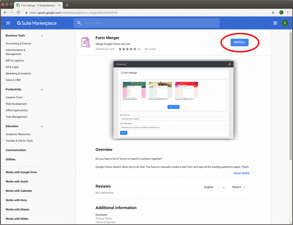 Form Merger's page in G Suite Marketplace