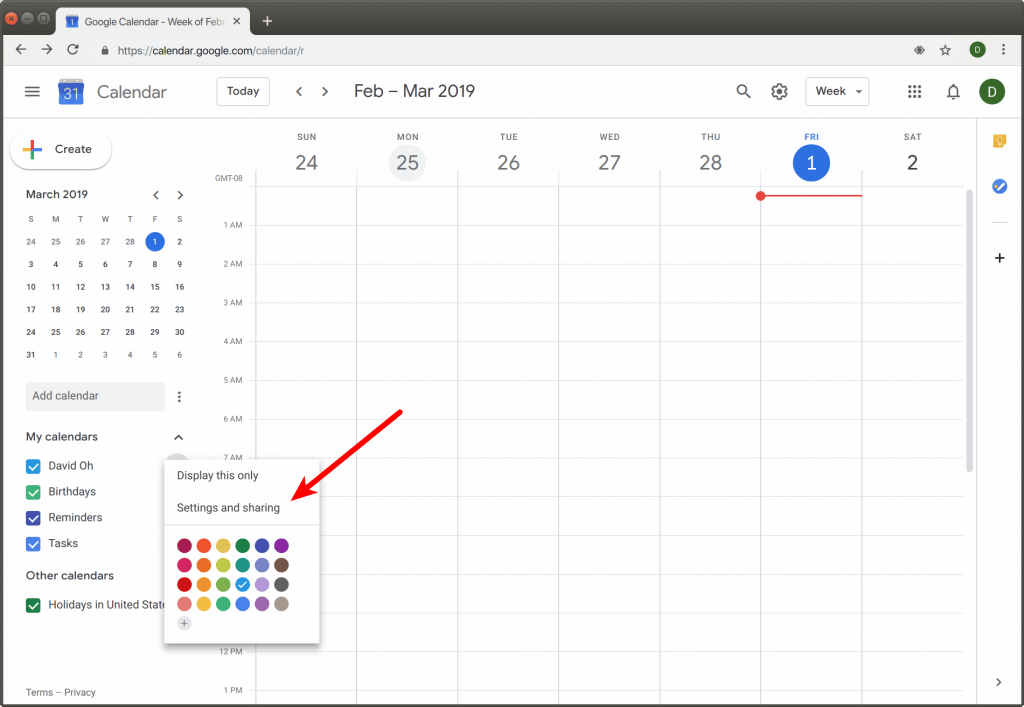 this image shows you open settings and sharing in your google calendar interface