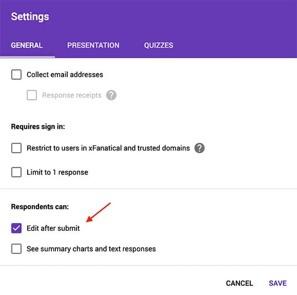 Enable Respondents can edit after submit options in the google forms settings