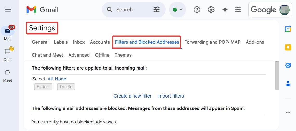 Select Filters and Blocked Addresses option