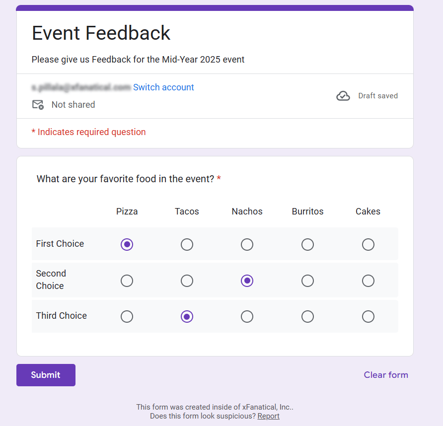 Google form with Ranked multiple choices