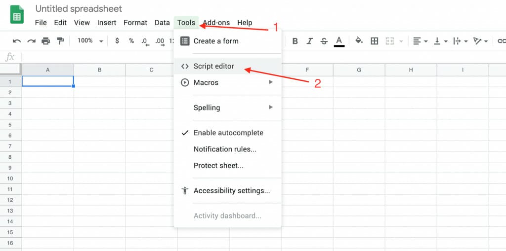 the tools script editor menu in google sheets