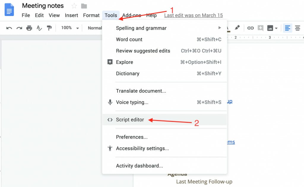 the tools script editor menu in google doc