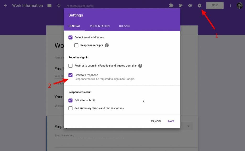 Limit to 1 response option in Google forms settings