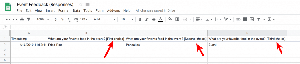 Form responses shows different columns for ranked answers