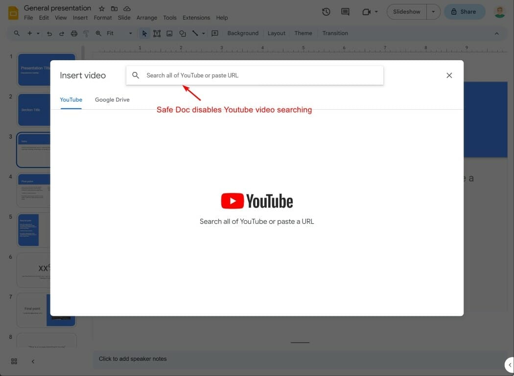 xFanatical Safe Doc blocks Youtube Video Searching in Google Slides