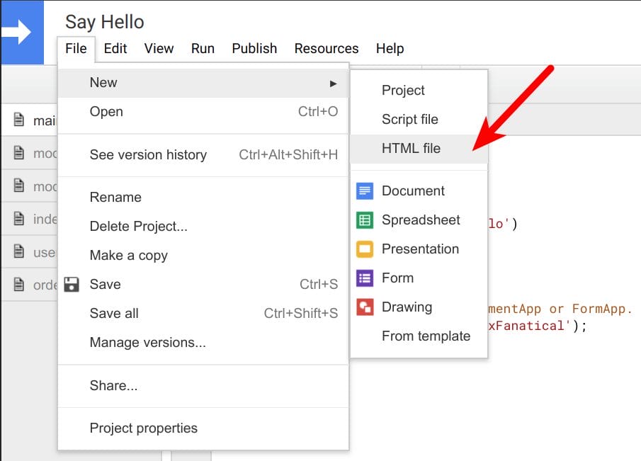 insert an HTML file in script editor of google apps, in the menu of file > new > html file