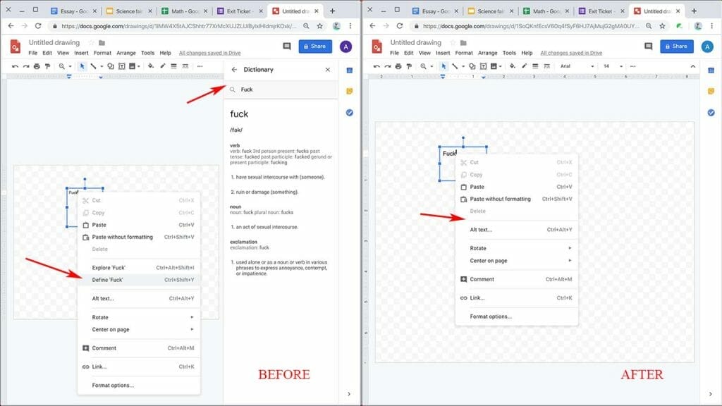 Safe Doc disables the Dictionary feature from a context menu in Drawings | disable dictionary google docs