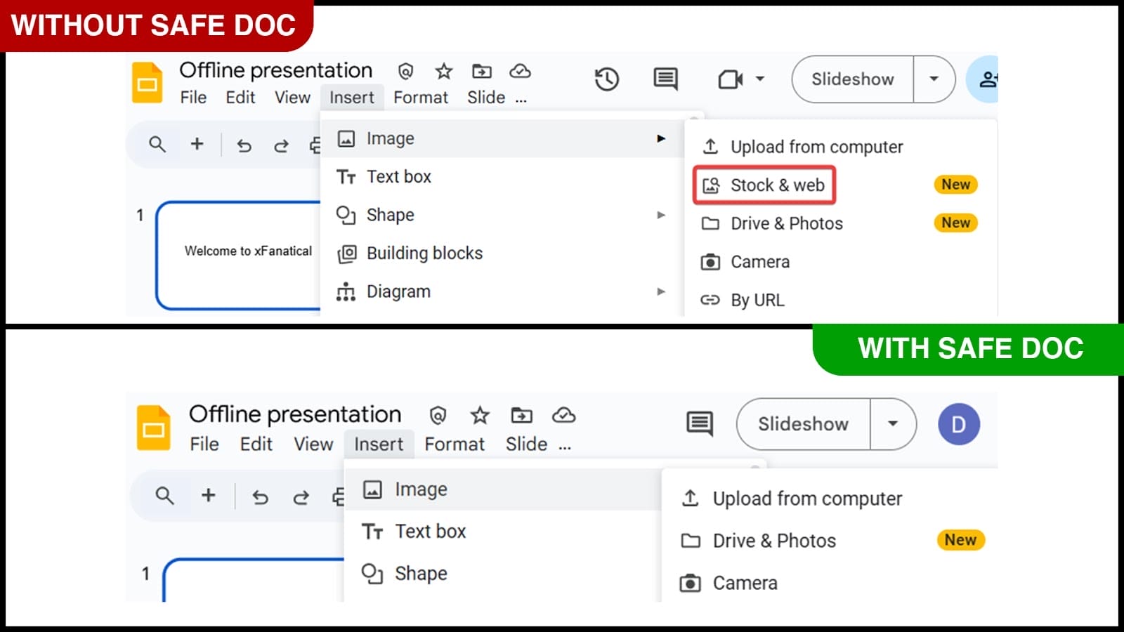 xFanatical Safe Doc blocks Insert > Image > Stock & web  in the Google Slides