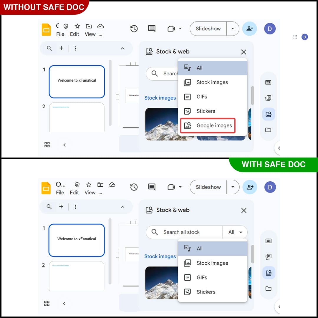 xFanatical Safe Doc removes Google images option from the dropdown menu in Google Slides
