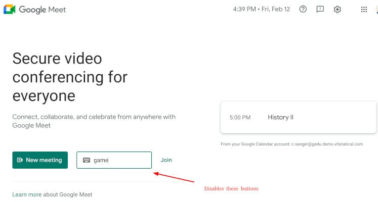 Disable the Net meeting and join meeting code buttons in Google Meet home page