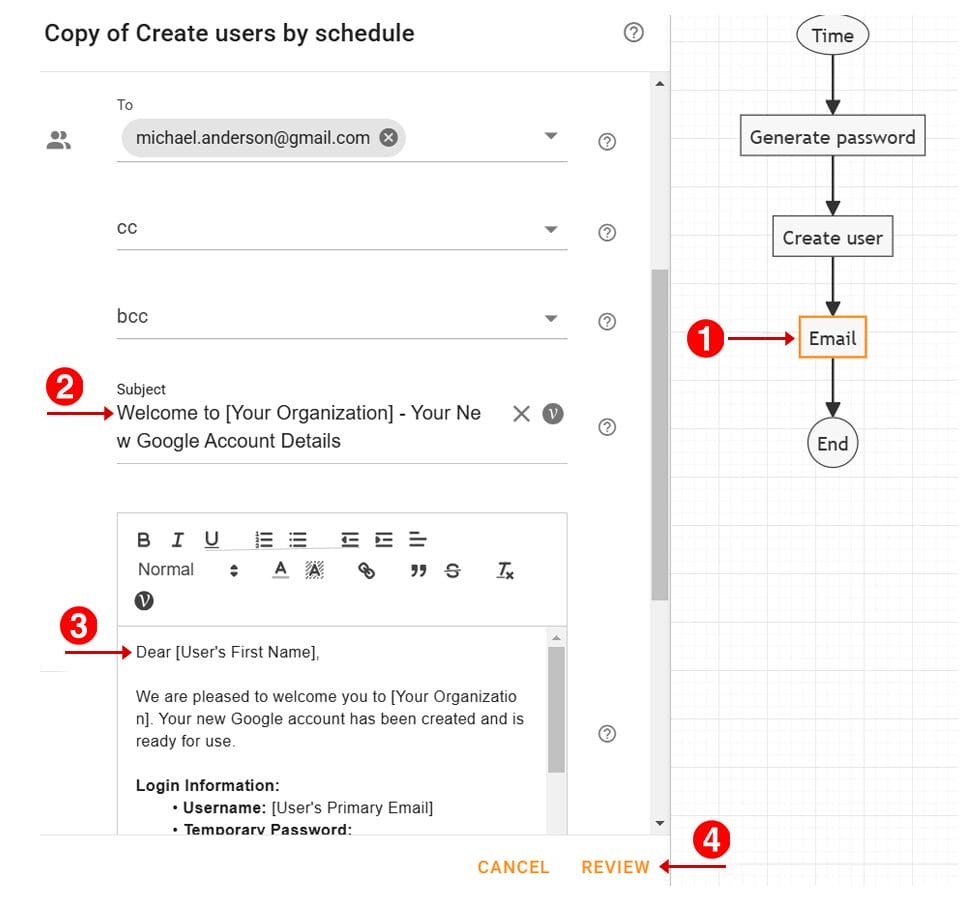  In the Create users by schedule page, click on the 'Email' action and set up email subject and email body.