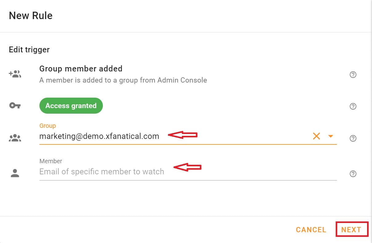 In the Edit trigger screen, Specify the target group to monitor