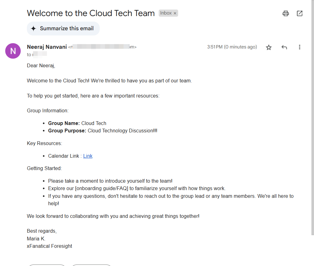 Email contains welcome message and calendar link