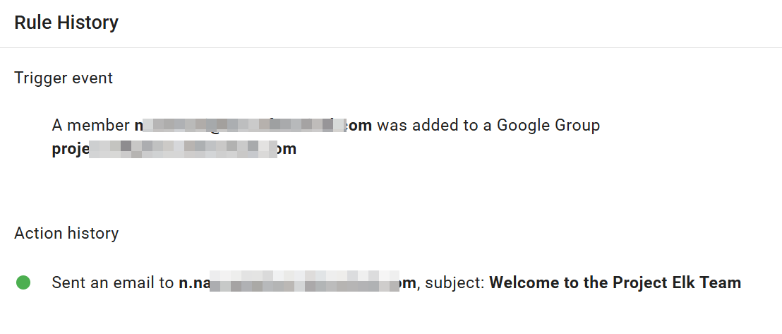 Notification of successful execution of Copy of Personalized welcome email to new group members rule, with view log button
