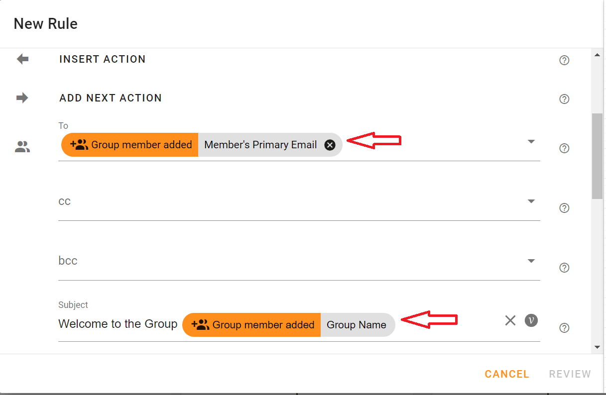 Select the To field from the variable's drop-down menu using the v icon. This variable represents the new group member and add subject line