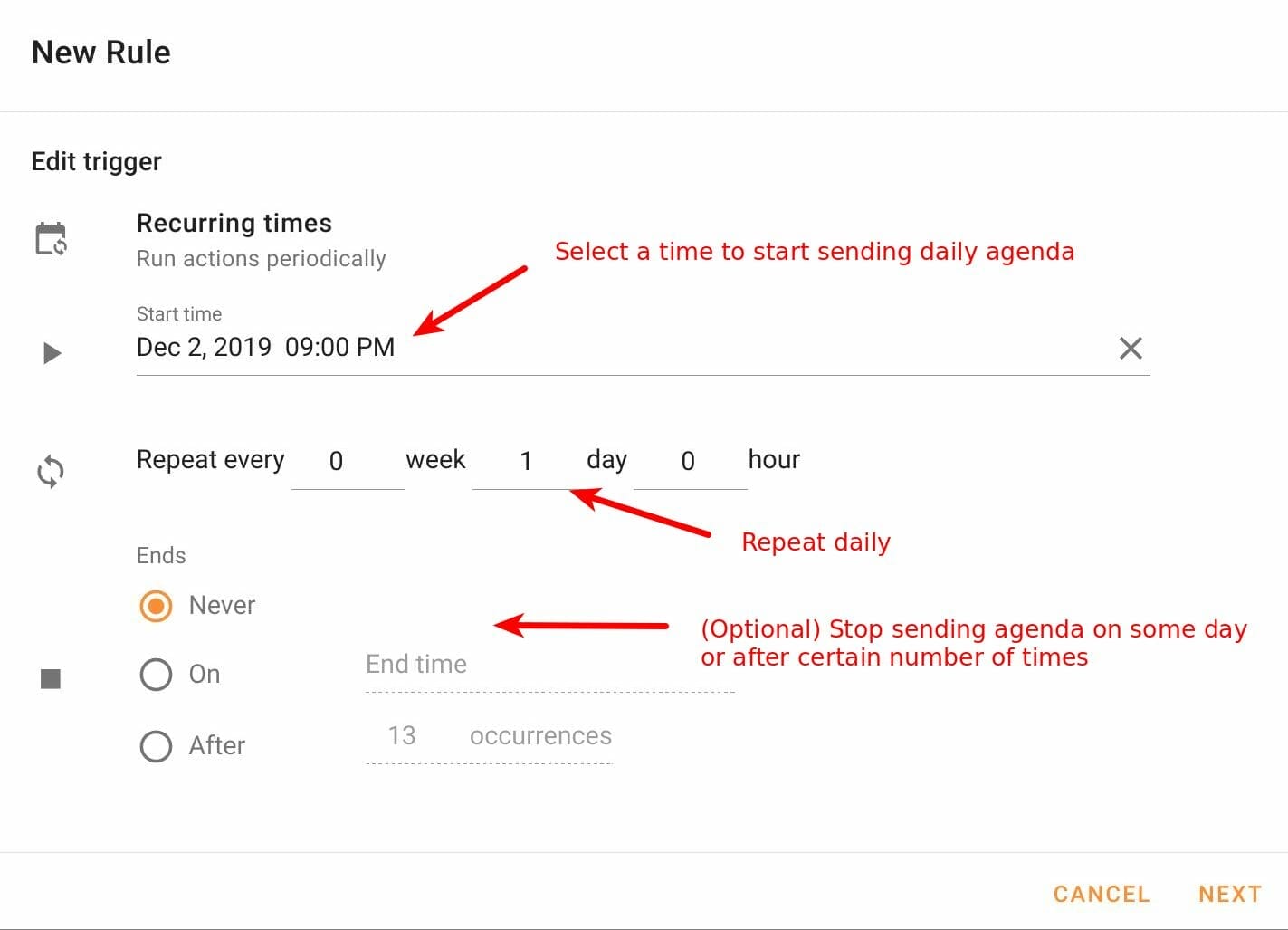 Configure recurring times for daily agenda in Foresight
