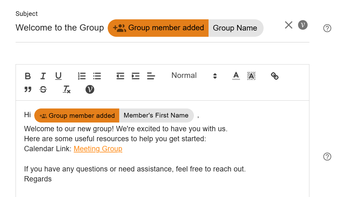 Configuring Subject and Composing email with calendar link on edit action screen