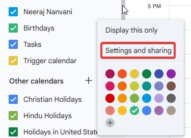 Calendar option of Settings and sharing