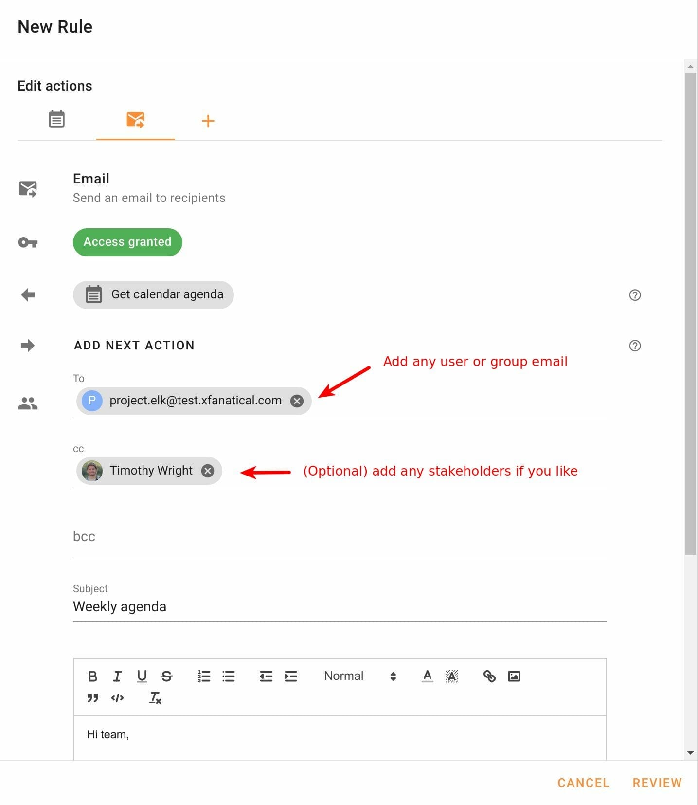 Configure Email action for weekly agenda in Foresight