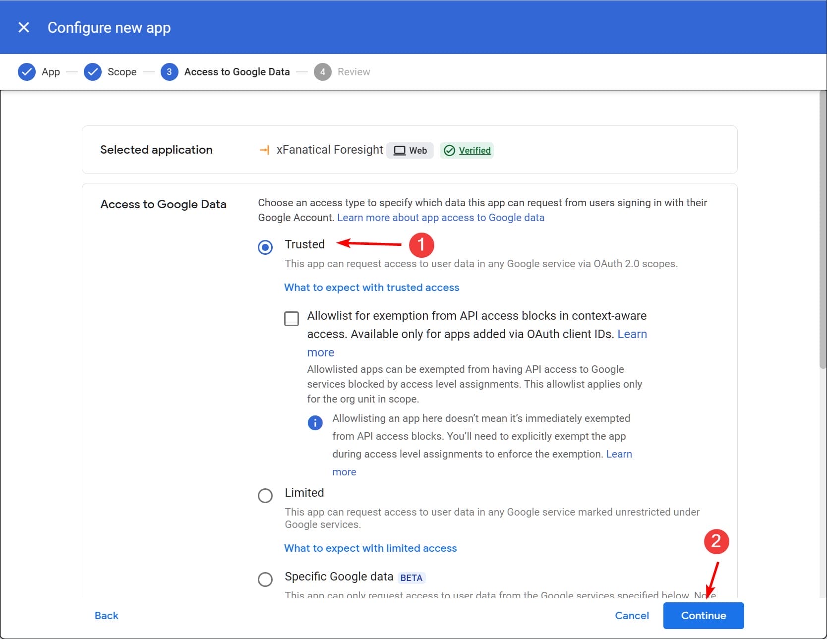 Set xFanatical Foresight to a trusted app in Google Admin