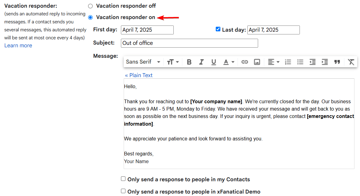 Auto turned on vacation responder setting with personalized auto reply message in gmail by xFanatical Foresight