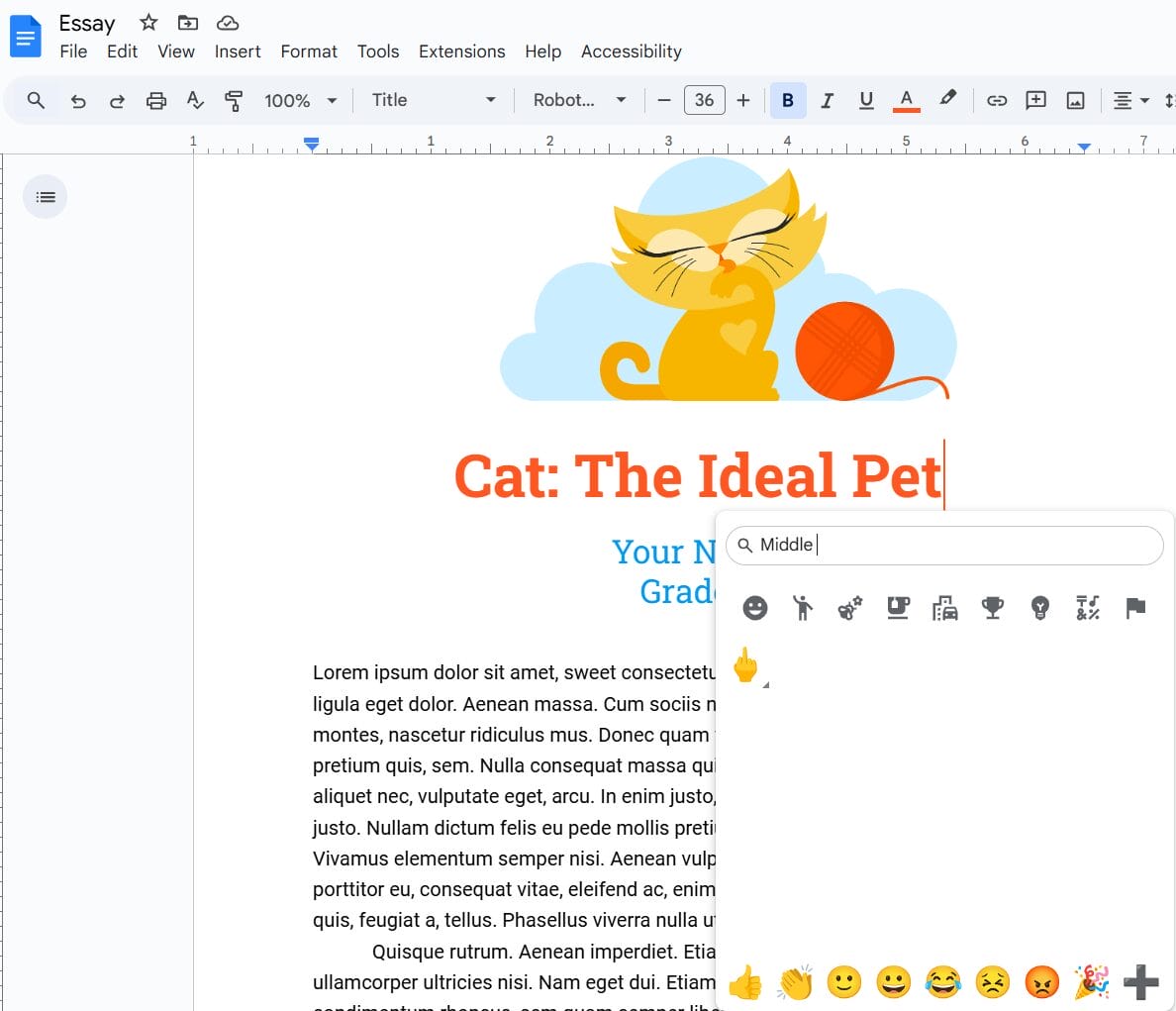 Google docs provides Insert Emoji option including irrelevant emojis.