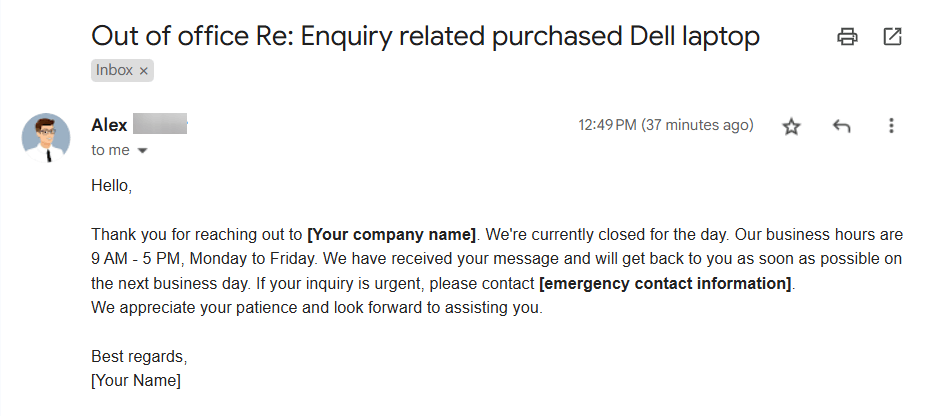The received automated personalized out of office reply in Gmail sent by xFanatical Foresight.