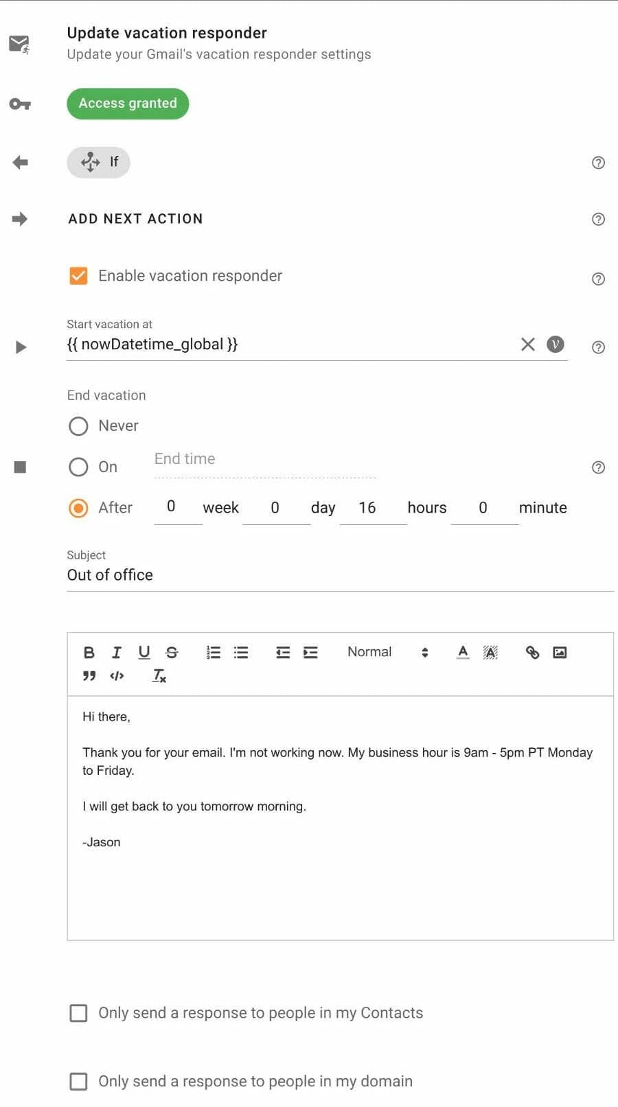 Edit Update vacation responder action in Foresight