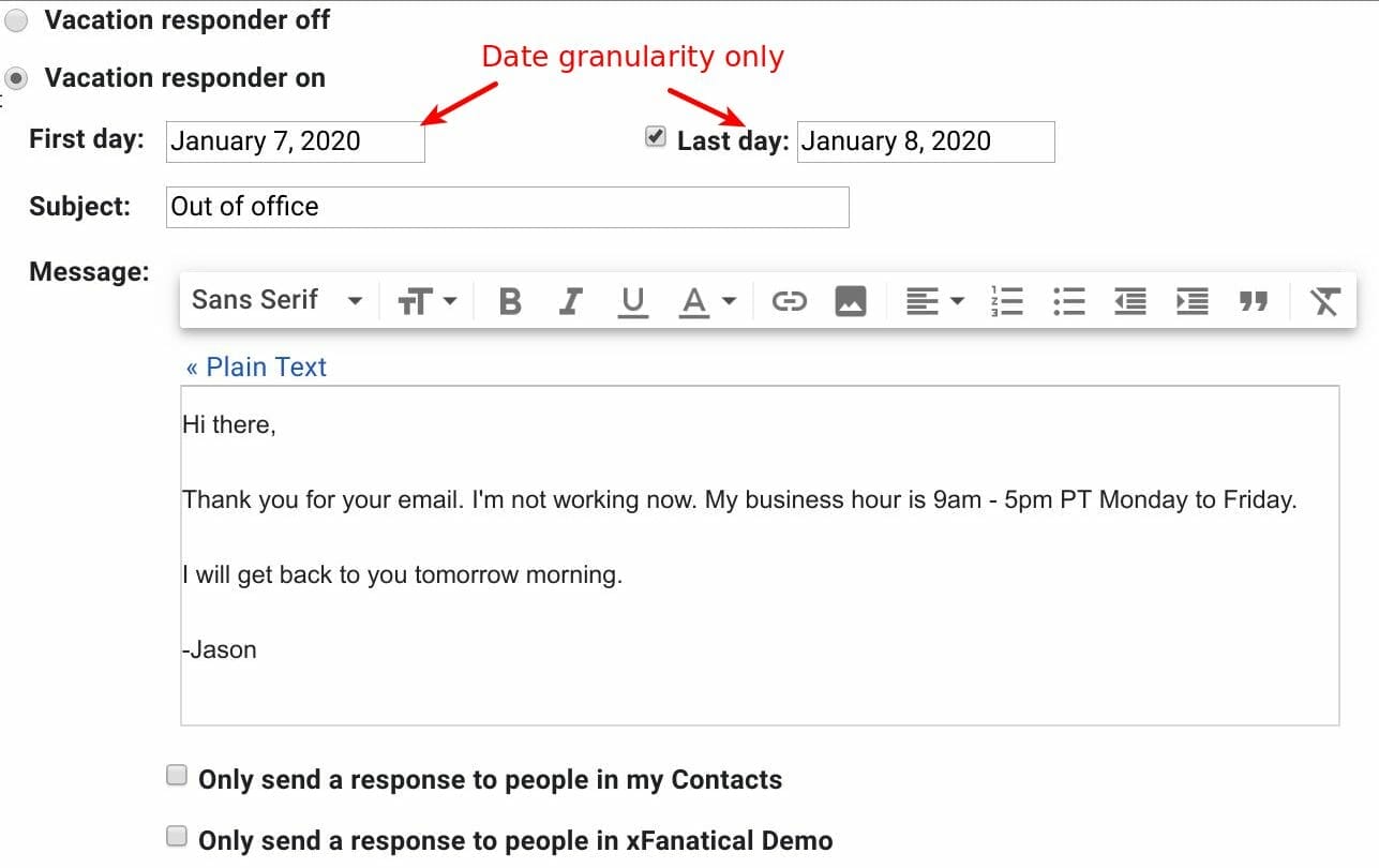 Gmail vacation responder sync with Foresight