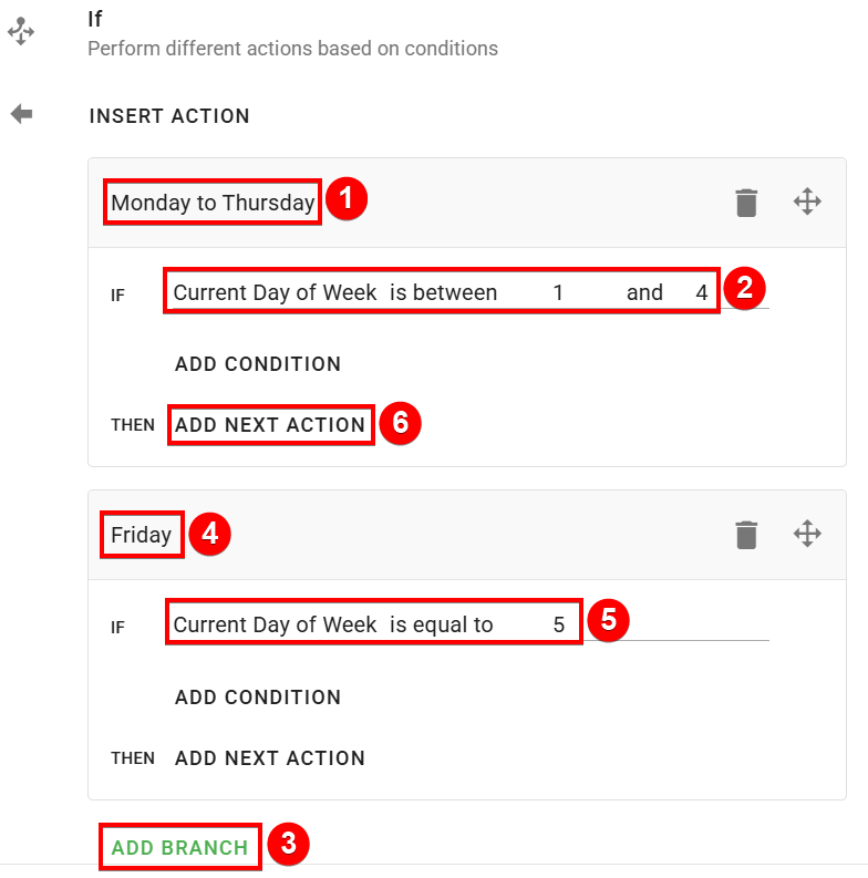 The If edit actions screen to add monday to thursday and friday branch in xFanatical Foresight