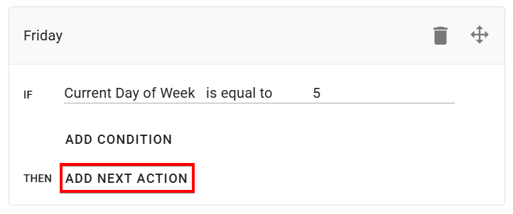 The If edit actions screen's friday branch to click add next action button for selecting new action in xFanatical Foresight