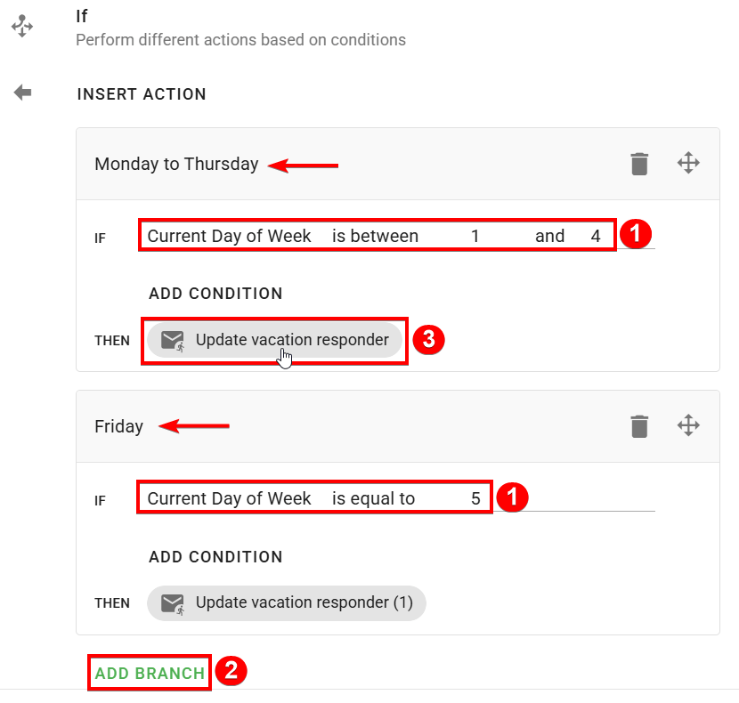 The If edit actions screen to update default branch conditions values based on recurring out-of-office hours