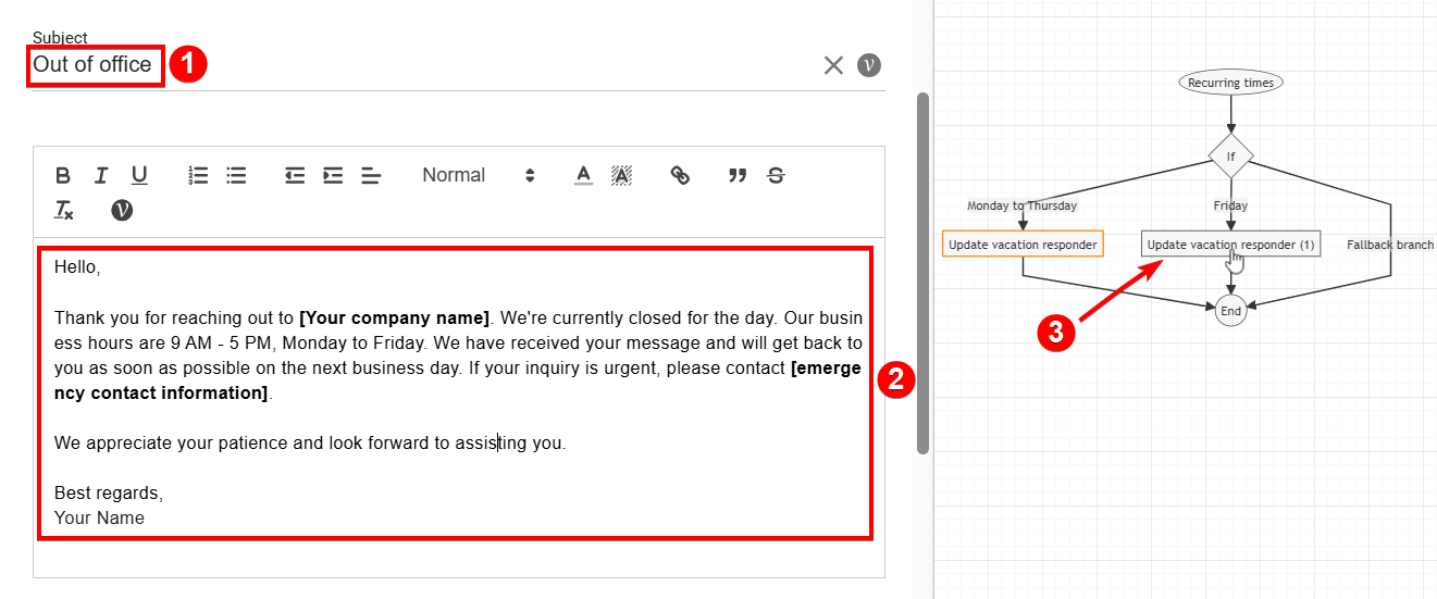 Update vacation responder edit actions screen to update default email subject and body content as needed