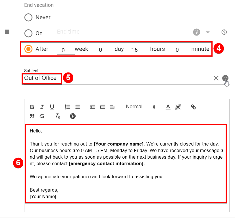 Update vacation responder edit actions screen to select vacation start time and give permissions in xFanatical Foresight