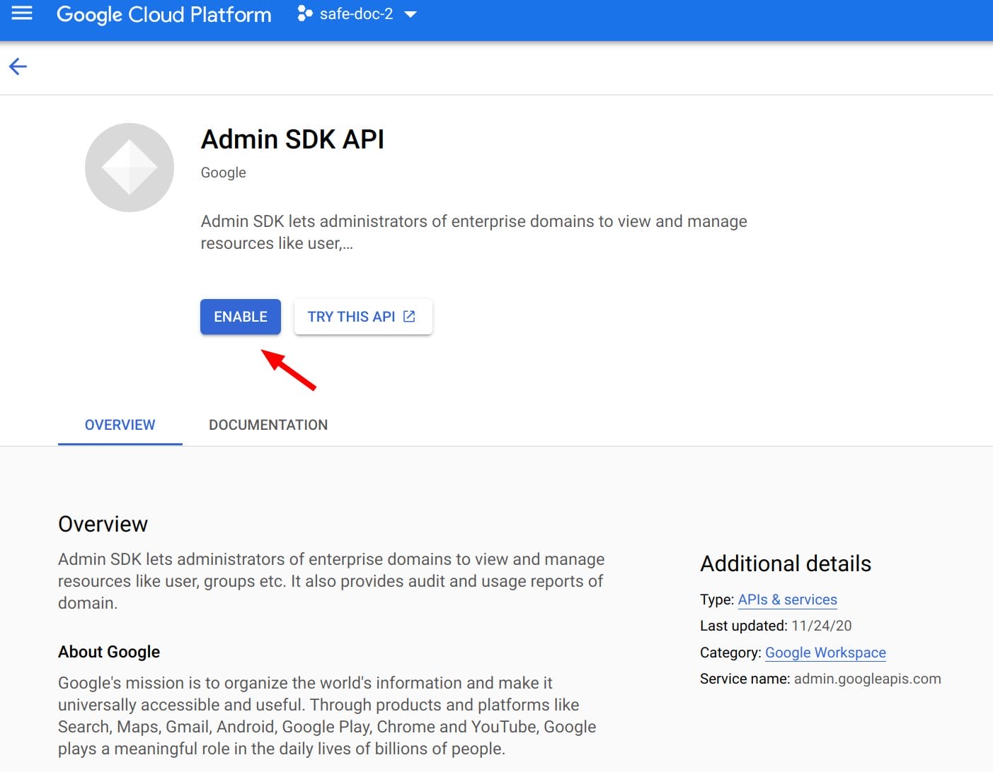 Enable Admin SDK API in GCP