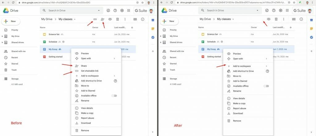 Remove share menus and buttons in Google Drive