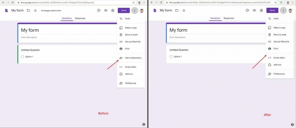 Remove "add collaborators" (sharing feature) in Google Forms