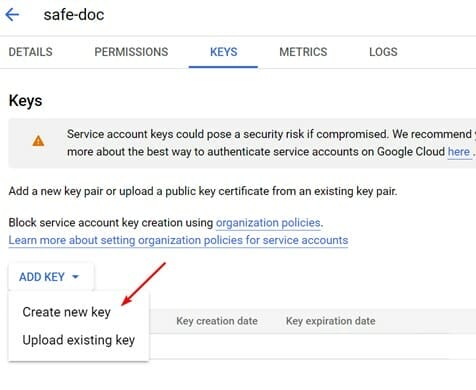 Create new key for a service account