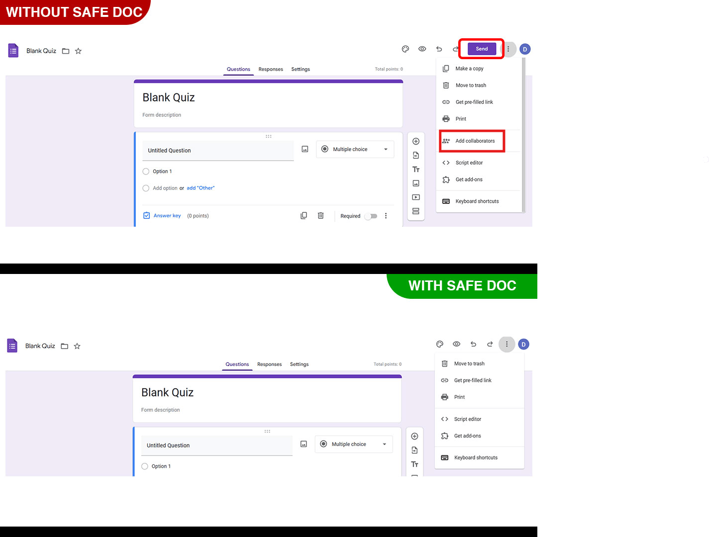 xFanatical Safe Doc removes Add collaborators menu from Google Forms