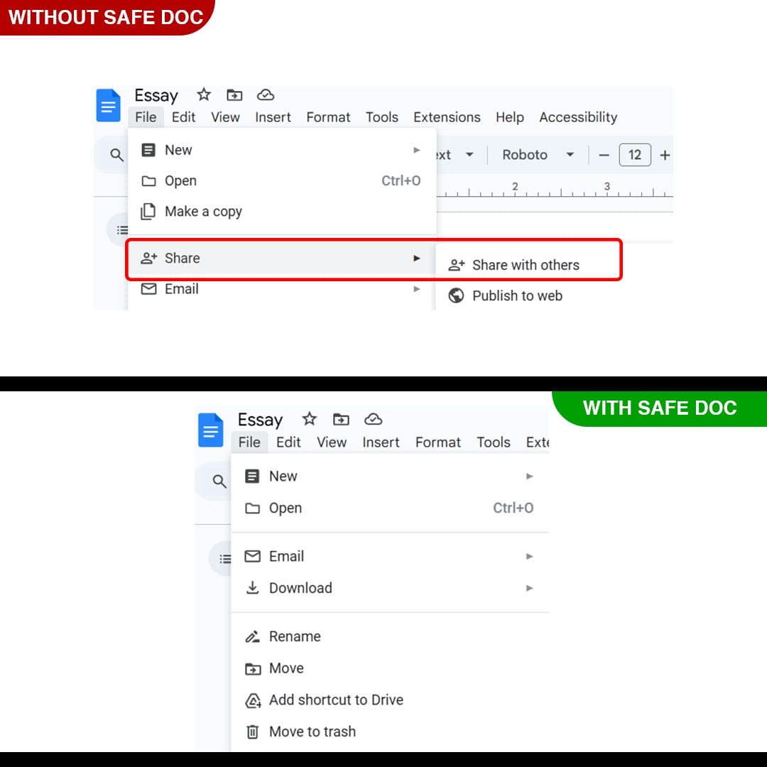 xFanatical Safe Doc removes Share > Share with others menu in Google Docs