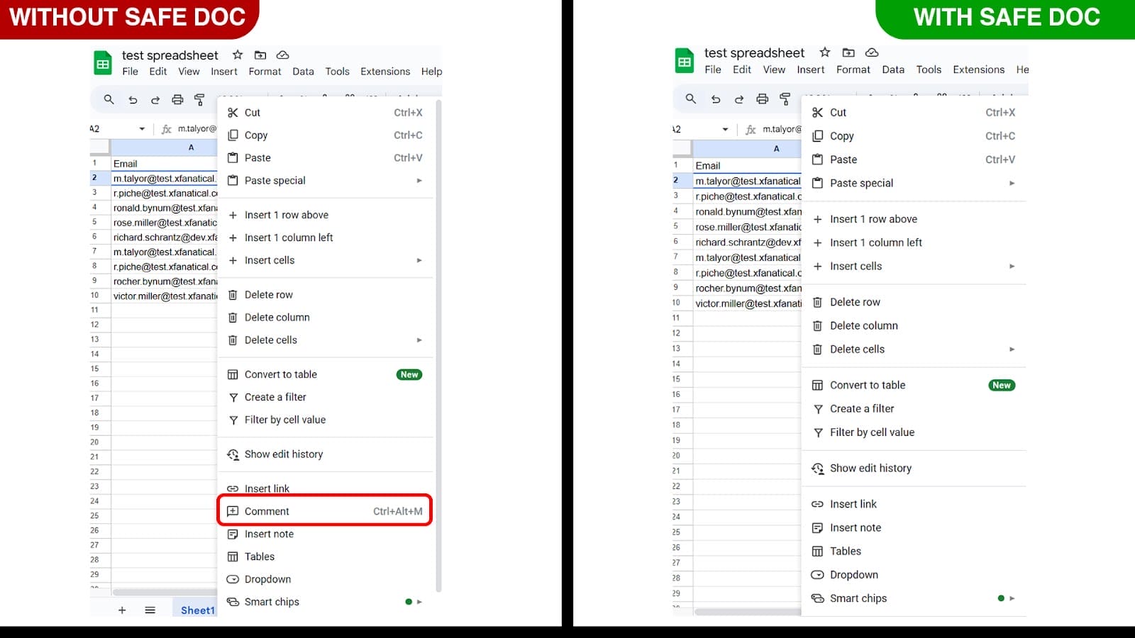 Comment feature is blocked on the right click of the cell in Google Sheets