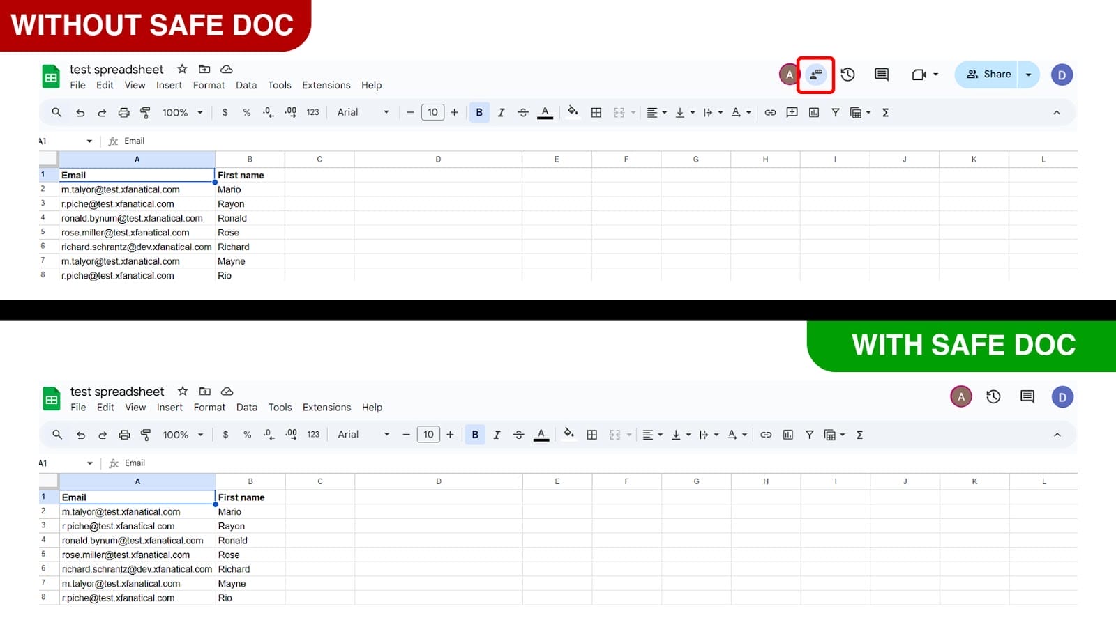 xFanatical Safe Doc removes the Chat option in Google Sheets