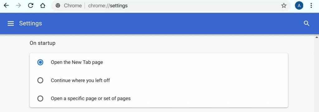 chrome startup page settings