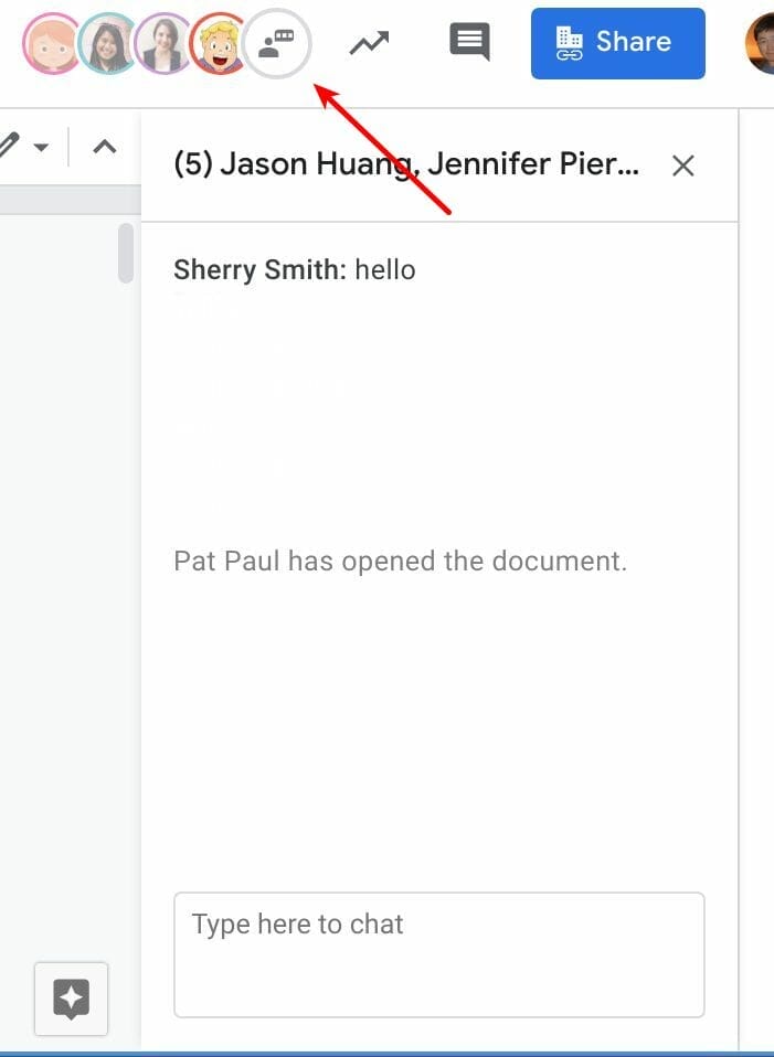 The Chat icon and window in Google Docs