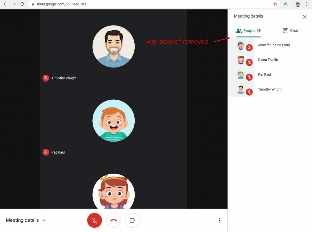 Disable add people to a video meeting in Google Meet