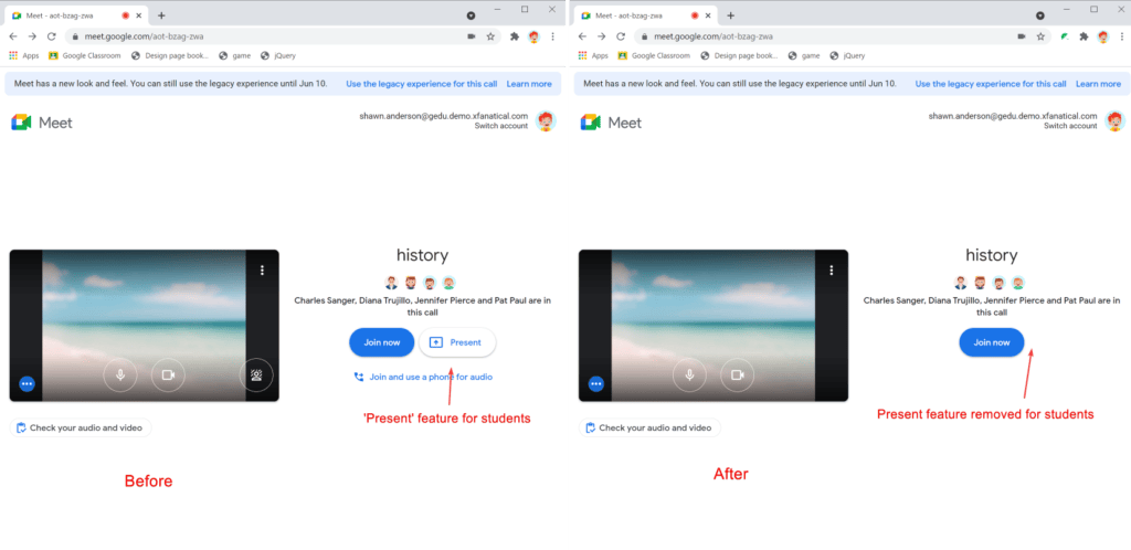 Safe Doc removes the 'Present' button in the waiting room of Google Meet