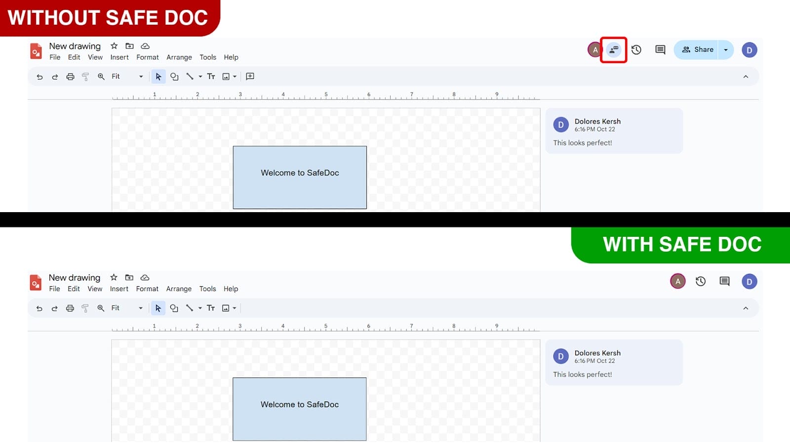 xFanatical Safe Doc removes the Chat option in Google Drawings