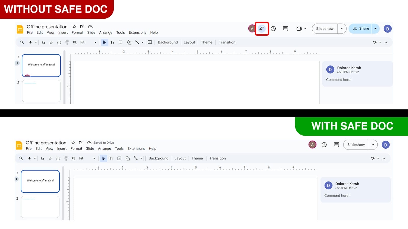 xFanatical Safe Doc removes the Chat option in Google Slides