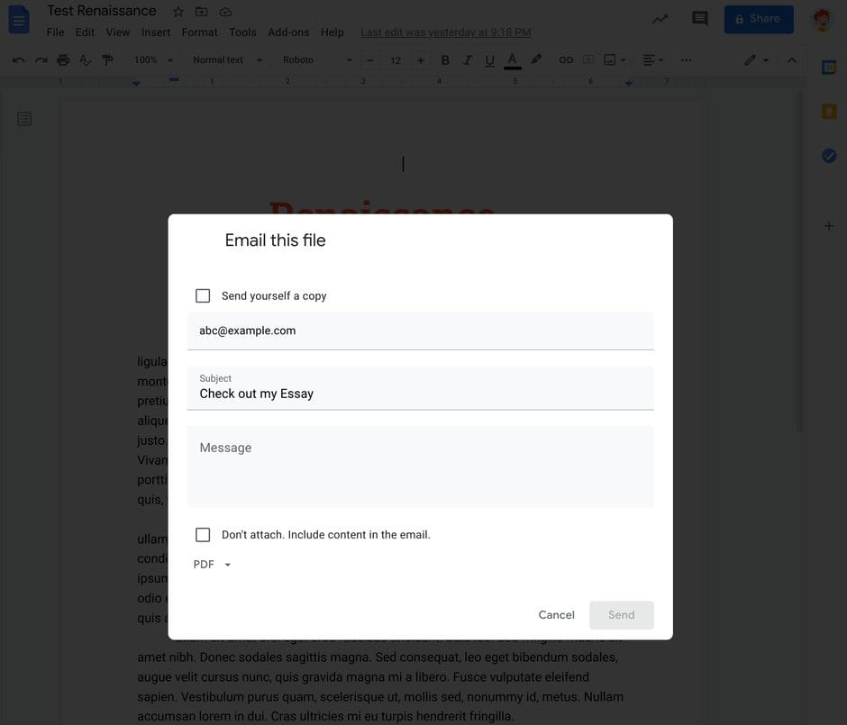 The Email this file dialog in Google Docs